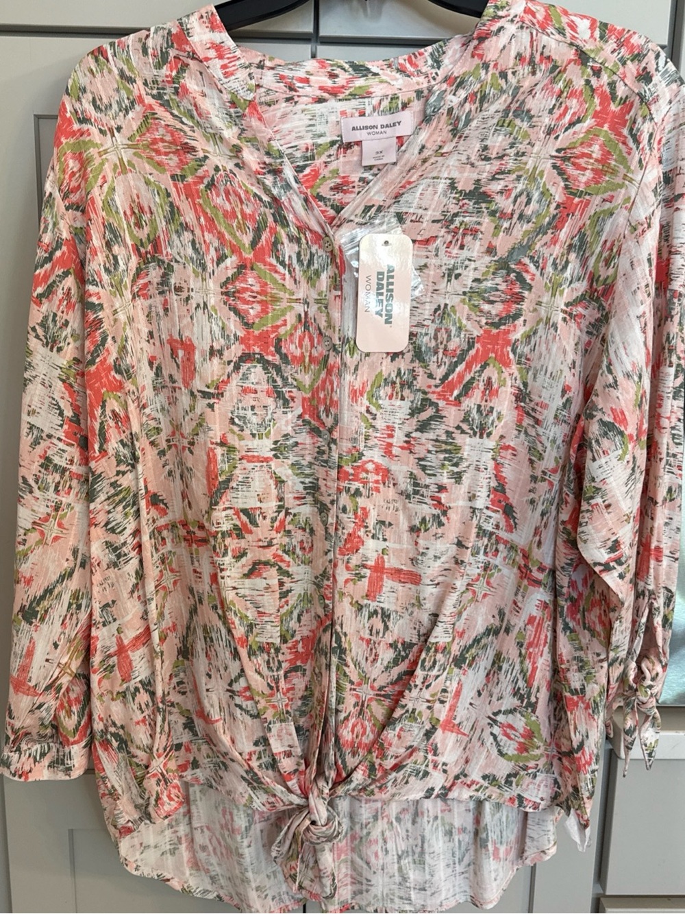 NWT Allison Daley Abstract Tie Front Tunic Blouse V-Neck 3/4 Sleeve 3X